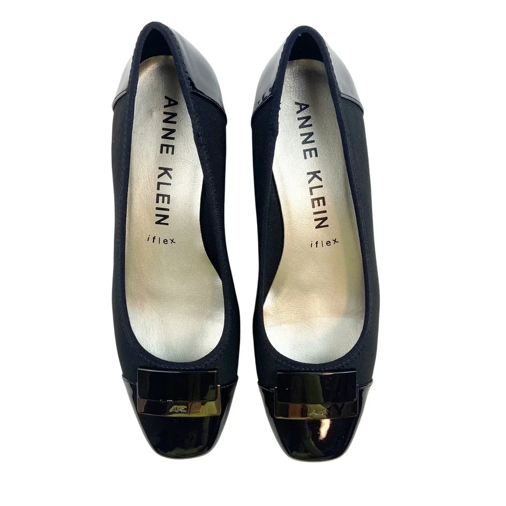 Anne Klein‎ iFlex Black Fabric Patent Cap Toe Wedge Heels WAVERLY Womens 7.5M